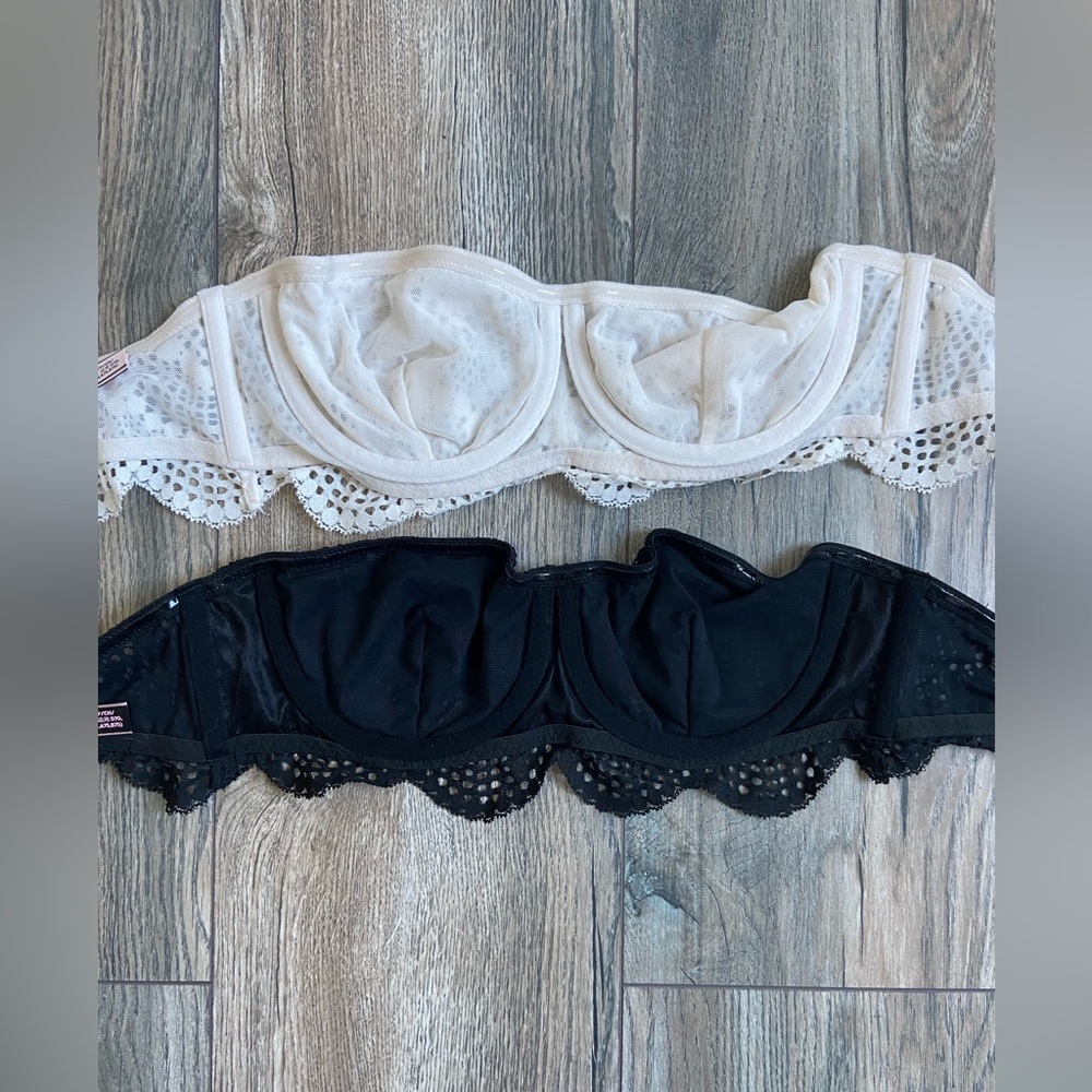 Victoria’s Secret Set of 2 Strapless Lace Bandeau Bras Bralettes Black White 32B - Picture 3 of 6